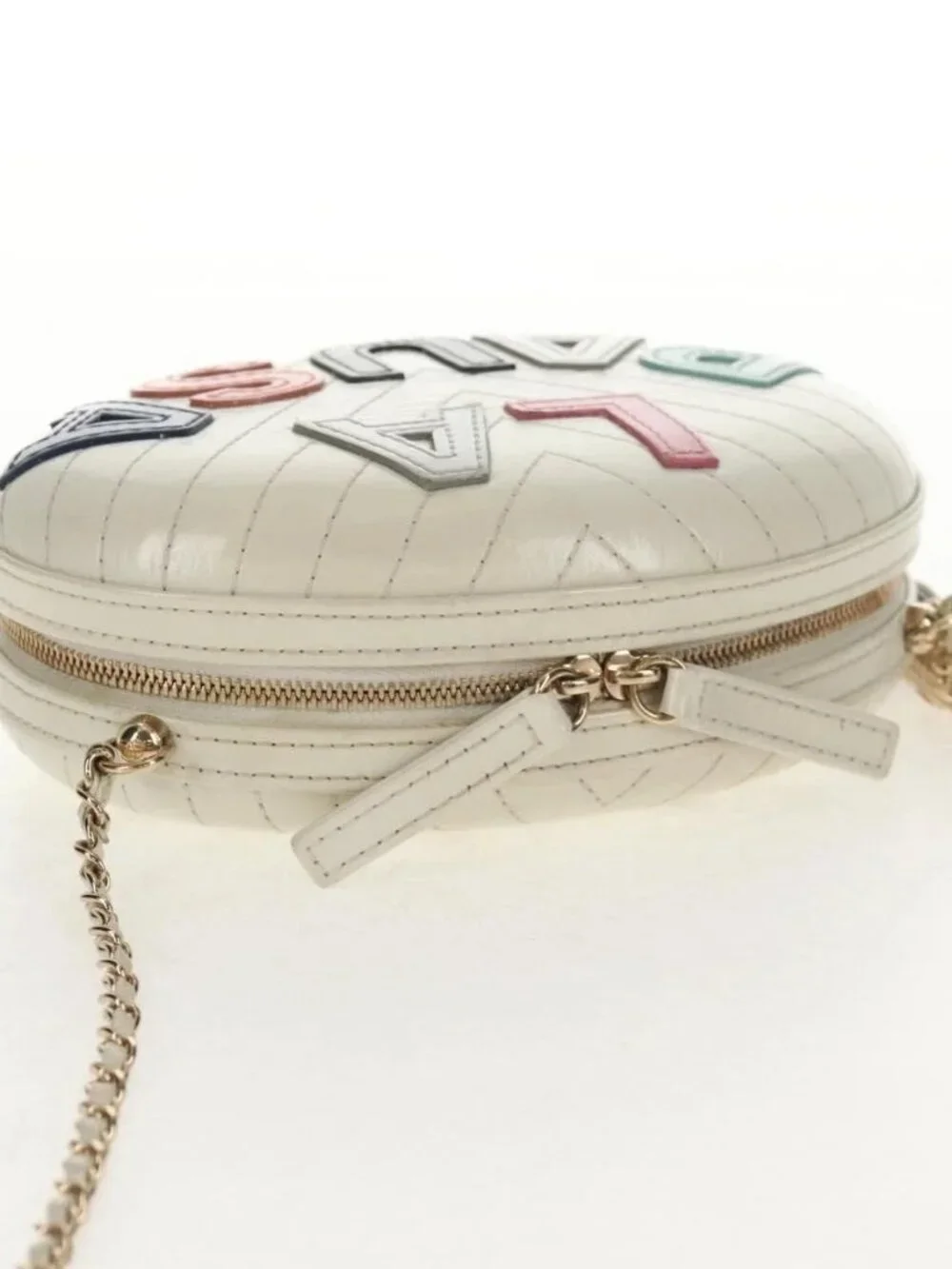 CHANEL V stitch Chain Shoulder Bag Leather White Gold CC Auth 146360SM